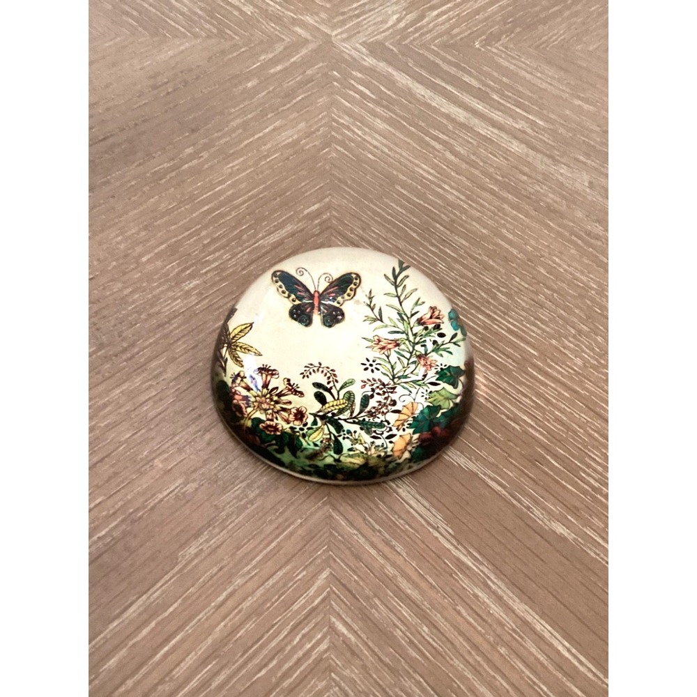 Glass Dome Paperweight Beautiful Floral/Butterfly Design Unmarked Vintage